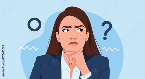 Thoughtful businesswoman looking away with a confused expression and question marks around her head on blue background.