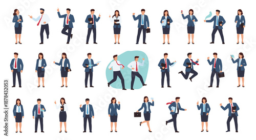 Large collection of business people characters in various poses including walking running jumping and celebrating together.