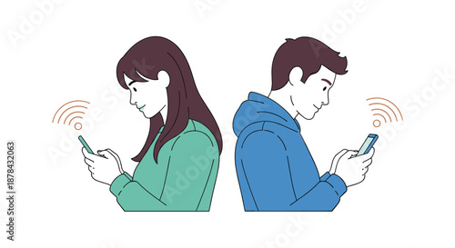 Young couple sitting back to back while focused on their smartphones with wifi symbols indicating digital connectivity.