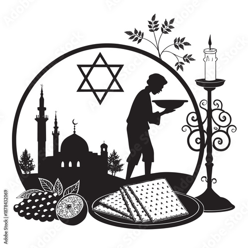 Interfaith harmony symbols and traditional foods in a circle