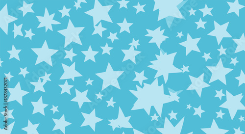 Bright blue background filled with numerous light blue stars of various sizes and shapes creating a celestial pattern.