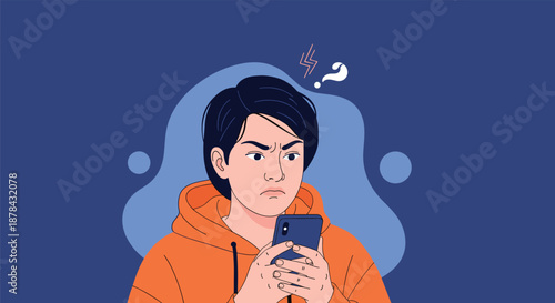 Frustrated teenage boy looking at his smartphone with an angry expression and symbols showing annoyance and confusion.