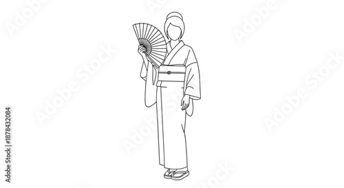 Elegant line art drawing of a woman wearing a traditional Japanese kimono and holding an open folding fan against a white background.