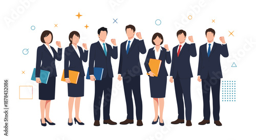 Group of diverse business professionals in formal suits standing together with fists raised in a triumphant celebration.