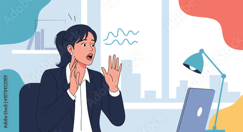 Surprised businesswoman looking at her laptop with a shocked facial expression while working in a modern office environment.