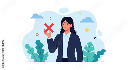 Sad businesswoman looking at a large red cross mark in her hand representing error rejection or failure at work.
