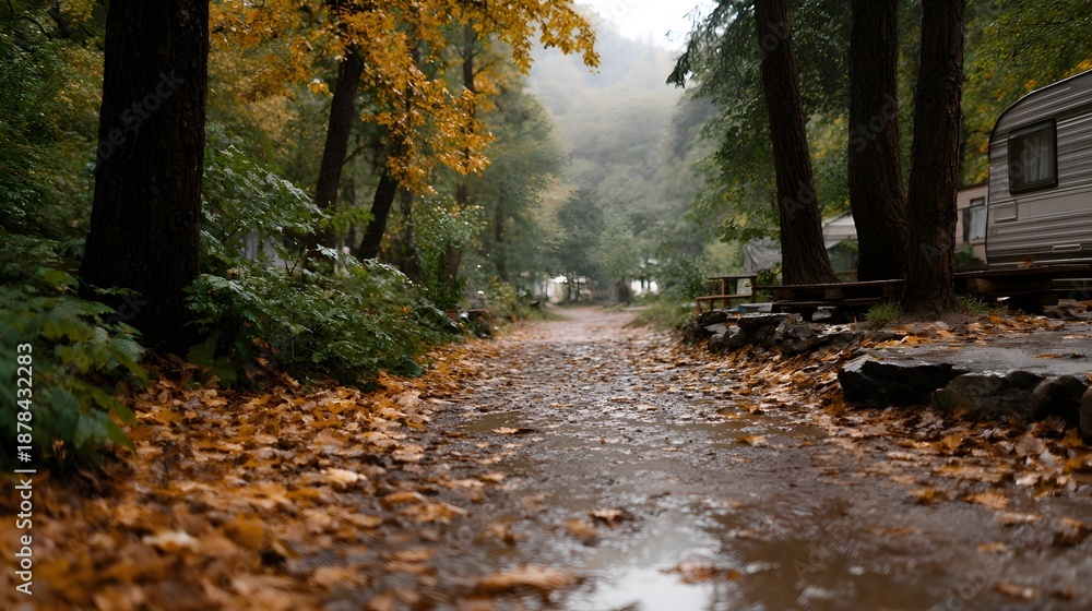 Obraz premium A wet autumn forest path lined with fallen leaves leads towards a rustic campsite with caravans on a damp overcast day