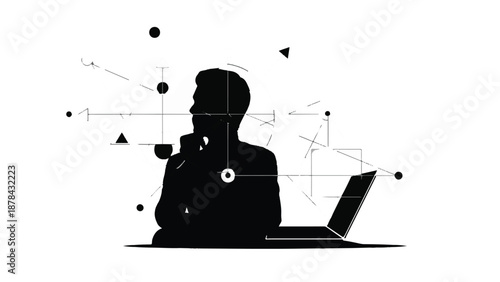 Silhouette of a thoughtful businessman contemplating ideas with a laptop and abstract network