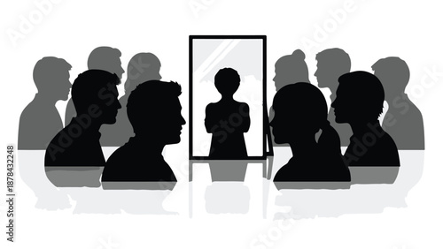 Silhouette of a person standing alone in a mirror, surrounded by shadowy figures, representing individuality and self-reflection.