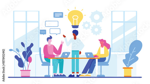 vector illustration of diverse team brainstorming meeting with laptops and lightbulb moment, for presentation or website