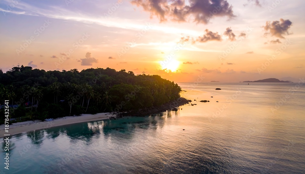 Obraz premium A serene aerial view of a tropical coastline during sunset