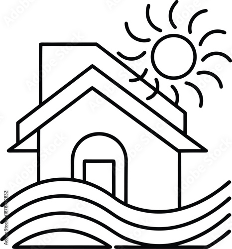 house in flood waters under sun