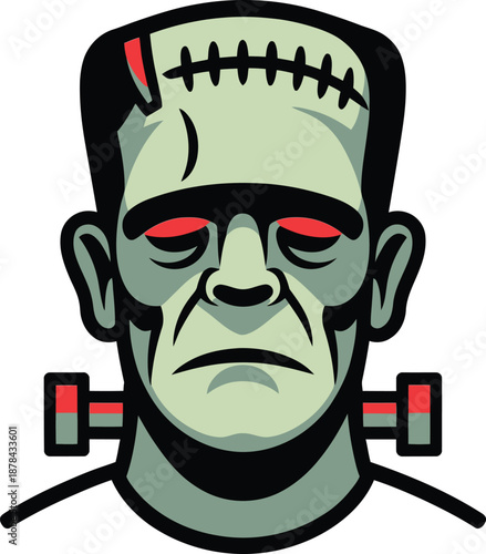 Frankenstein Monster Head Vector Illustration with Stitches and Bolts
