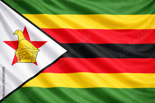 Zimbabwe National Flag Waving Horizontally with Zimbabwe Bird and Realistic Fabric Texture
