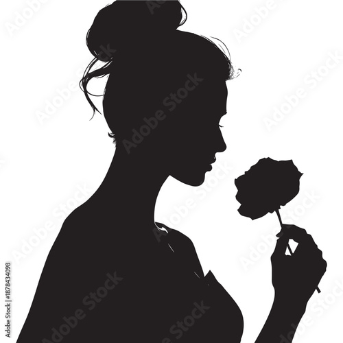 Silhouette of woman smelling red rose in elegant pose