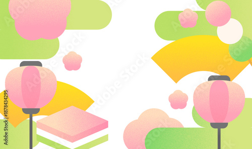 ひな祭りの背景素材　菱餅と梅とぼんぼりのレトロなフラットイラスト