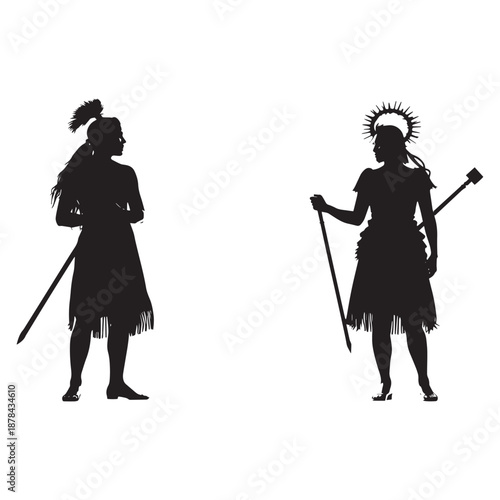 Warriors standing strong in powerful stances with ancient weapons