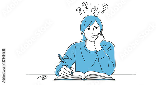 Young woman sitting at a desk with a notebook while looking up thoughtfully with floating question marks above.