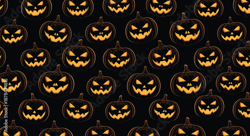 Seamless dark pattern background filled with many scary glowing jack o lantern pumpkins for Halloween celebration.