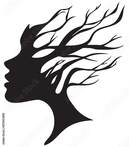 Printable EPS Abstract Black Woman Profile Silhouette Created from Tree Branches for Feminist Vertical Use