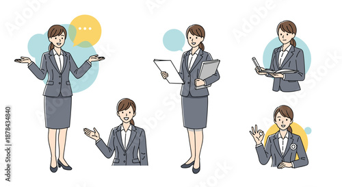 Set of female business professional characters in various situations including presenting working on a laptop and giving an okay sign.