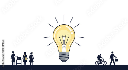Large glowing lightbulb in the center representing a big idea with tiny people silhouette figures around it on white background.