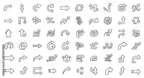 Large collection of diverse hand drawn arrow sketches showing different directions shapes and styles in black and white.