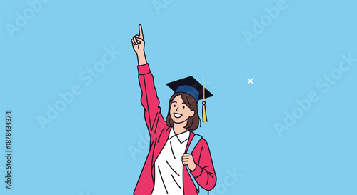 Happy graduate girl in a graduation gown and mortarboard cap pointing up excitedly against a bright blue background.