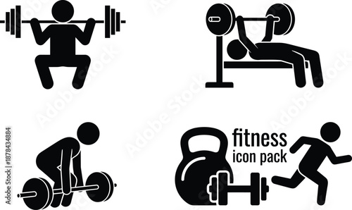 Black fitness training icon set showing weightlifting squat, bench press, deadlift, kettlebell, dumbbell, and running exercises isolated on white background