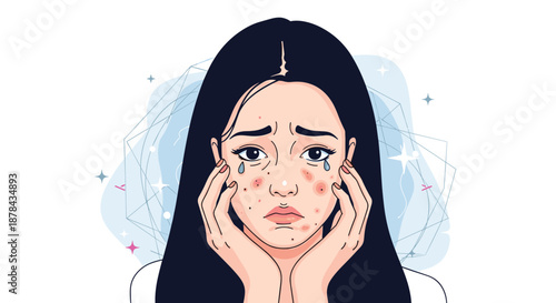 Worried young woman with long dark hair looking sad while examining her face with acne and various skin problems.