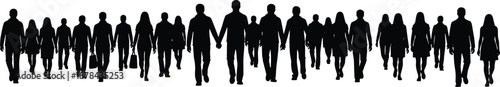 Large group of walking people silhouettes representing crowd movement, diversity, teamwork, urban life, society, and human connection isolated on white background for social and business concepts