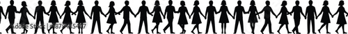 People silhouettes holding hands in a continuous line representing unity, friendship, equality, teamwork, community bonding, and social harmony isolated on white background