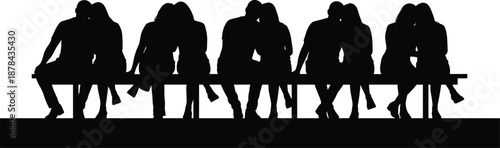 Romantic couple silhouettes sitting closely on park bench showing love, intimacy, affection, and relationship bonding moments isolated on white background for romance and lifestyle themes