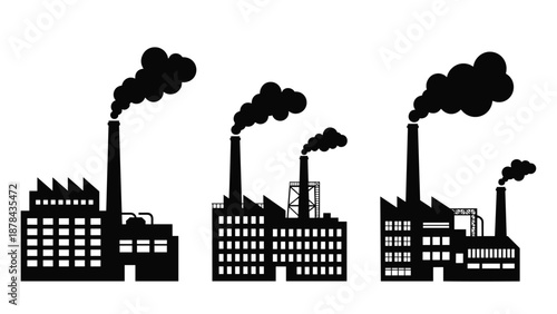 Silhouettes of three industrial factory buildings emitting large plumes of smoke from tall chimneys against a white background.