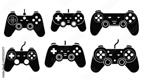 Set of six black silhouette icons representing various modern video game controllers and gamepads on a plain white background.