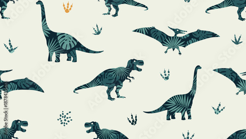Colorful seamless pattern showcasing various types of dinosaurs decorated with tropical leaf and plant textures on a cream background.
