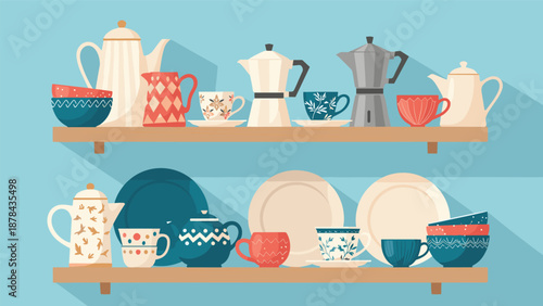 Two wooden shelves neatly organized with a colorful assortment of ceramic coffee pots mugs bowls and espresso makers on a blue wall.