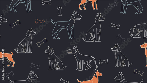 Stylish seamless pattern of geometric line art dogs and orange bones on a dark charcoal background for modern pet themed designs.