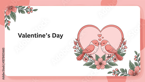 Charming valentines day greeting card showing two small pink birds kissing inside a large heart shape decorated with flowers.