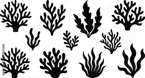 Underwater coral and seaweed silhouette icon set showing marine plants reef shapes ocean nature black vector illustration