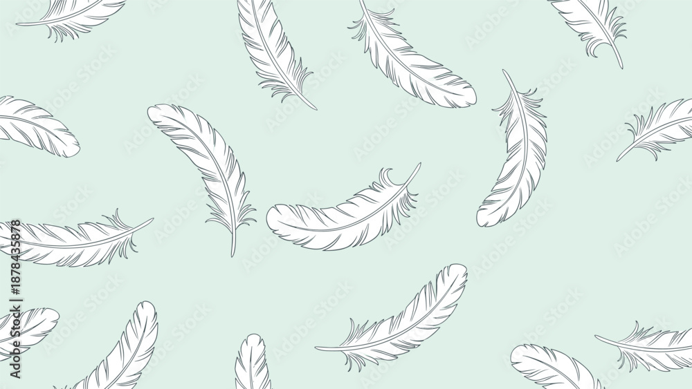 Fototapeta premium Soft and airy seamless pattern featuring hand drawn white feathers drifting across a pale mint green background for a calm feel.