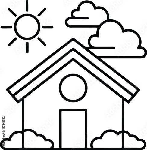 Simple house with sun and clouds outside  peaceful home illustration