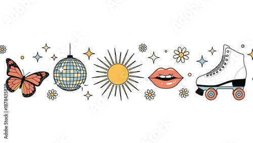 Whimsical horizontal border decorated with retro items like a disco ball roller skate butterfly sun and daisy flowers in pastel colors.
