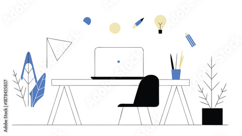 Flat illustration of a modern workspace with laptop chair plants and creative tools on a white background
