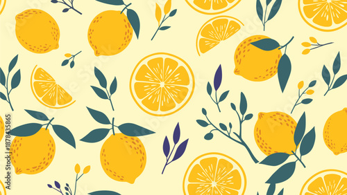 Bright and refreshing seamless pattern showcasing whole lemons and lemon slices with green leaves on a light yellow background.