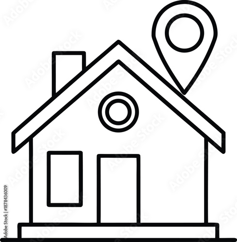Simple line drawing of a house with a location pin on the roof  symbolizing a home or property location