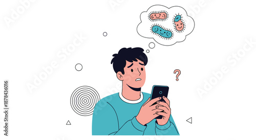 Worried young man looking at his smartphone with a thought bubble above his head showing harmful germs and bacteria.