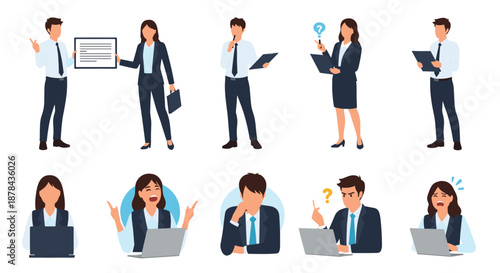Business people character collection showing professionals working with laptops, folders, and documents in various moods.