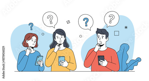 Group of three young people looking at their smartphones with confused expressions and question marks floating above them.