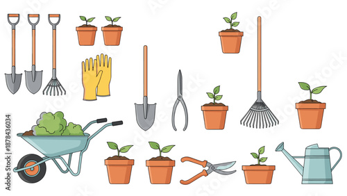 Wide assortment of gardening equipment including shovels rakes watering can wheelbarrow and potted seedlings for horticultural themes.
